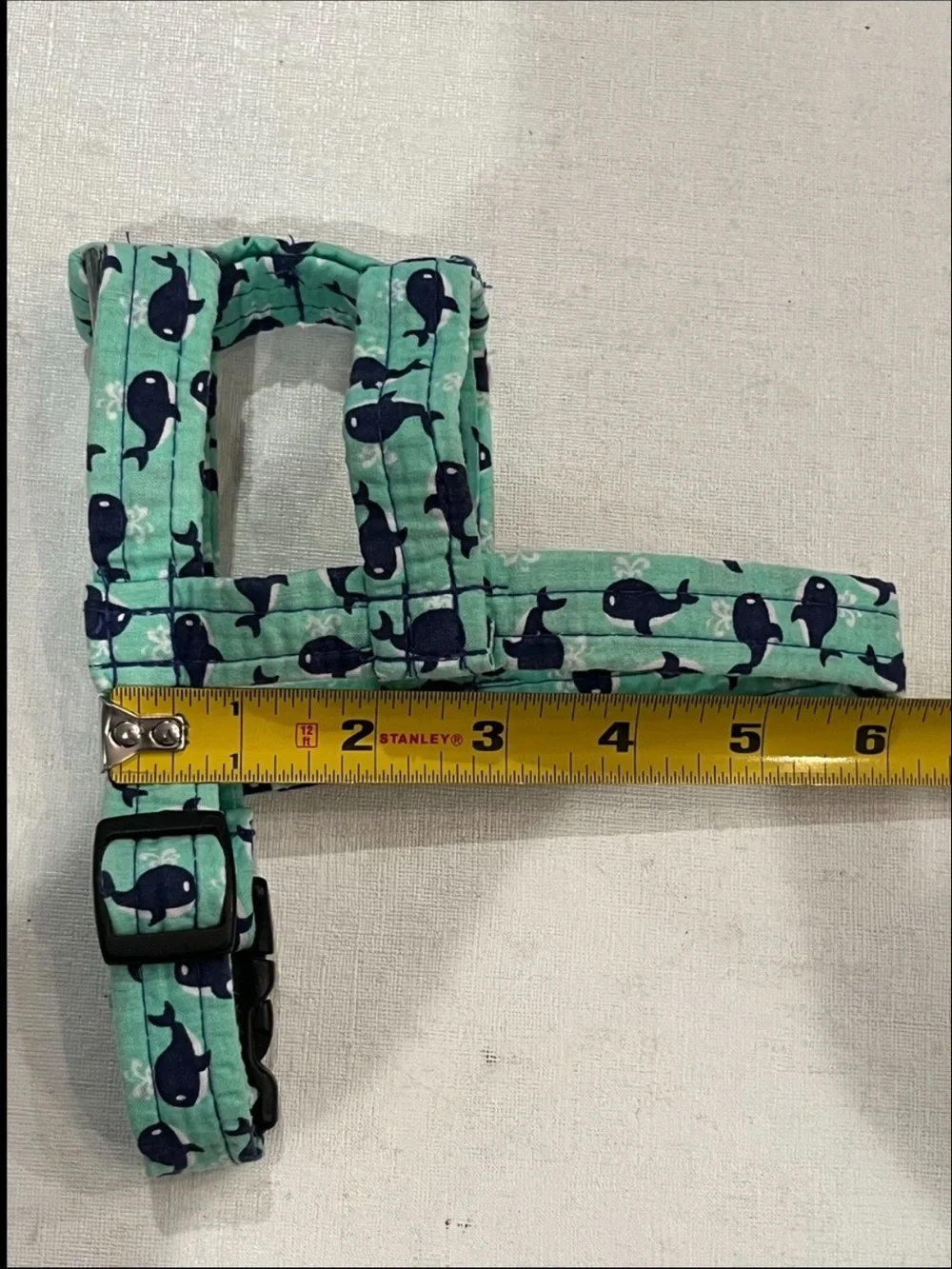 Handmade mint and navy blue Whale Print Adjustable Harness. Size Small